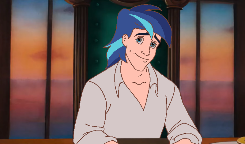 Size: 814x480 | Tagged: safe, artist:ocean lover, derpibooru import, edit, shining armor, human, blue eyes, blue hair, chair, collar, crossover, disney, disney prince, disney style, handsome, humanized, image, light skin, male, ms paint, png, prince eric, sky, sky background, smiling, snickering, solo, table, the little mermaid, two toned hair, white shirt, window