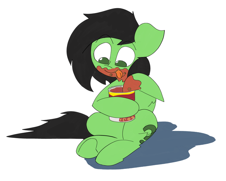 Size: 3618x2895 | Tagged: safe, artist:ponny, derpibooru import, oc, oc:anonfilly, earth pony, pony, canned food, female, filly, foal, image, messy eating, png, sitting, solo, tongue out