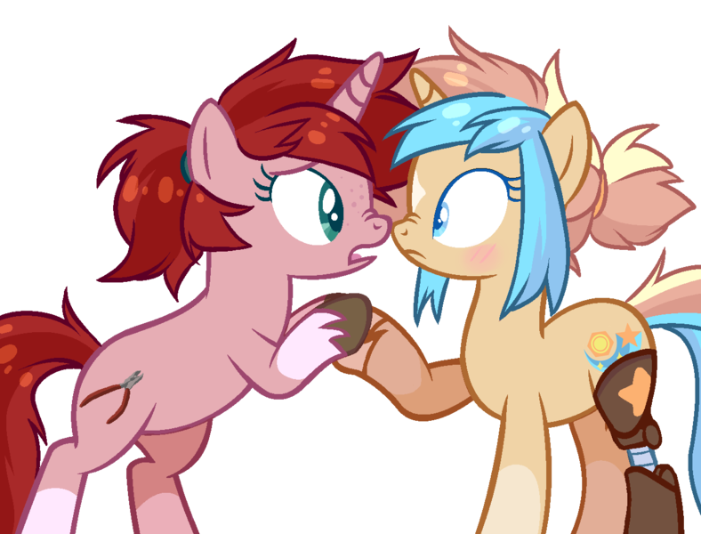 Size: 1314x1000 | Tagged: safe, artist:cheekipone, ponerpics import, oc, oc:star screw, unofficial characters only, pony, unicorn, amputee, blushing, boop, duo, duo female, female, females only, hair tie, hoof hold, horn, image, looking at each other, mare, noseboop, png, prosthetic limb, prosthetics, show accurate, simple background, standing, transparent background, unicorn oc, unshorn fetlocks