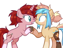 Size: 1314x1000 | Tagged: safe, artist:cheekipone, ponerpics import, oc, oc:star screw, unofficial characters only, pony, unicorn, amputee, blushing, boop, duo, duo female, female, females only, hair tie, hoof hold, horn, image, looking at each other, mare, noseboop, png, prosthetic limb, prosthetics, show accurate, simple background, standing, transparent background, unicorn oc, unshorn fetlocks