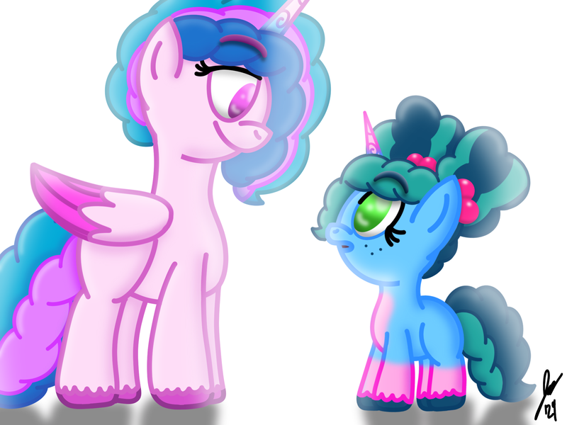 Size: 2160x1620 | Tagged: safe, artist:jesslmc16, derpibooru import, unnamed character, unnamed pony, alicorn, pony, unicorn, g5, my little pony: make your mark, cute, duo, duo female, family trees, female, filly, foal, freckles, headcanon, horn, image, looking at each other, looking at someone, mare, misty brightdawn, mistybetes, my little pony: make your mark chapter 5, png, signature, simple background, smiling, smiling at each other, unknown pony, white background