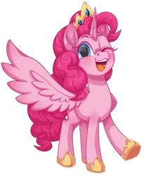 Size: 1632x1986 | Tagged: safe, alternate version, artist:moonseeker, derpibooru import, part of a set, pinkie pie, alicorn, pony, g4, alicornified, crown, female, hoof shoes, horn, image, jewelry, mare, one eye closed, open mouth, open smile, pinkiecorn, png, princess pinkie pie, princess shoes, race swap, regalia, simple background, smiling, solo, spread wings, transparent background, wings, wink, xk-class end-of-the-world scenario