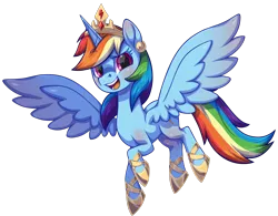 Size: 2384x1857 | Tagged: safe, alternate version, artist:moonseeker, derpibooru import, part of a set, rainbow dash, alicorn, pony, g4, alicornified, blushing, crown, female, flying, horn, image, jewelry, mare, open mouth, open smile, png, princess rainbow dash, race swap, rainbowcorn, regalia, simple background, smiling, solo, spread wings, transparent background, wings