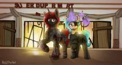 Size: 3348x1787 | Tagged: safe, artist:reddthebat, derpibooru import, oc, unofficial characters only, pony, unicorn, zebra, fallout equestria, armor, blade, blood, duo, duo female, eyepatch, female, glow, glowing horn, gun, handgun, horn, image, jpeg, mare, pistol, signature, weapon, zebra oc