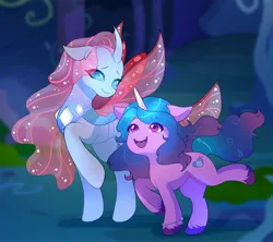 Size: 3526x3126 | Tagged: safe, artist:radiant_toast, derpibooru import, izzy moonbow, ocellus, changedling, changeling, pony, unicorn, g4, g5, duo, duo female, female, g4 to g5, generation leap, high res, horn, image, jpeg, looking at each other, looking at someone, older, older ocellus, open mouth, open smile, raised hoof, raised leg, smiling, smiling at each other