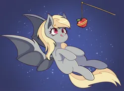 Size: 2874x2110 | Tagged: safe, artist:radiant_toast, derpibooru import, derpy hooves, bat pony, pony, apple, bat ponified, derpybat, female, flying, food, high res, image, jpeg, mare, race swap, solo, tongue out