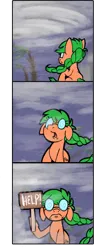 Size: 557x1477 | Tagged: safe, artist:gorebox, derpibooru import, oc, oc:morning mimosa, earth pony, 3 panel comic, comic, florida, help me, hurricane, image, looney tunes, mare fair, png, sign, snowpity inc., wile e coyote