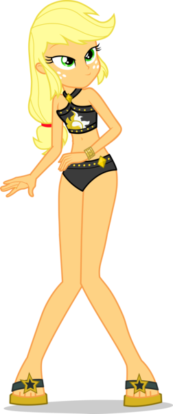 Size: 1882x4483 | Tagged: safe, alternate version, artist:dustinwatsongkx, derpibooru import, applejack, human, equestria girls, g4, 2d, belly, belly button, bikini, bikini bottom, bikini top, clothes, clothes swap, feet, female, freckles, gold, image, jewelry, legs, midriff, necklace, png, sandals, simple background, smiling, solo, stars, sun, sunset shimmer's beach shorts swimsuit, swimsuit, swimsuit swap, transparent background, wrist cuffs