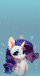 Size: 1024x1941 | Tagged: safe, ai content, derpibooru import, machine learning assisted, machine learning generated, stable diffusion, rarity, pony, unicorn, big eyes, blue background, blue eyes, blushing, cute, ear fluff, generator:purplesmart.ai, horn, image, looking at you, phone wallpaper, png, prompter:saltyvity, purple mane, simple background, smiling, smiling at you, solo, sparkles, wallpaper