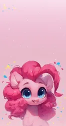 Size: 1024x1941 | Tagged: safe, ai content, derpibooru import, machine learning assisted, machine learning generated, stable diffusion, pinkie pie, earth pony, pony, big eyes, blue eyes, blushing, cute, ear fluff, fluffy, generator:purplesmart.ai, happy, image, looking at you, phone wallpaper, pink background, pink hair, png, prompter:saltyvity, simple background, smiling, smiling at you, solo, sparkles, wallpaper