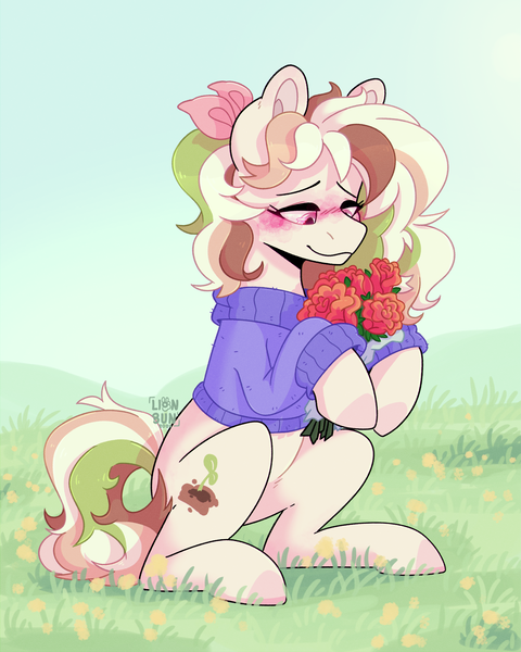 Size: 2000x2500 | Tagged: safe, artist:lionbun, derpibooru import, oc, oc:spring blossom, earth pony, pony, belly, blushing, bouquet, clothes, cute, earth pony oc, female, flower, image, mare, png, rose, solo, sweater