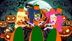 Size: 4844x2768 | Tagged: safe, artist:cartoonmasterv3, derpibooru import, applejack, pinkie pie, twilight sparkle, human, undead, zombie, equestria girls, g4, clothes, dress, halloween, halloween 2024, holiday, image, infected, jack-o-lantern, long dress, long skirt, png, pumpkin, skirt, trio