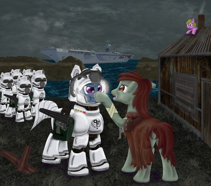 Size: 1406x1241 | Tagged: safe, derpibooru import, oc, oc:puppysmiles, unofficial characters only, pony, fallout equestria, aircraft carrier, armor, boop, clothes, fanfic art, house, image, ocean, png, scrunchy face, steel ranger, wasteland, water