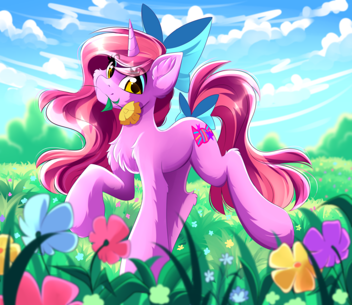 Size: 5555x4809 | Tagged: safe, artist:airiniblock, derpibooru import, oc, oc:candy heart, unofficial characters only, pony, unicorn, absurd resolution, bow, chest fluff, cloud, commission, cute, eye clipping through hair, eyebrows, eyebrows visible through hair, eyeshadow, female, flower, flower in mouth, grass, grass field, hair bow, horn, image, looking at you, makeup, mare, mouth hold, outdoors, png, rcf community, sky, solo, tail, tail bow, unicorn oc