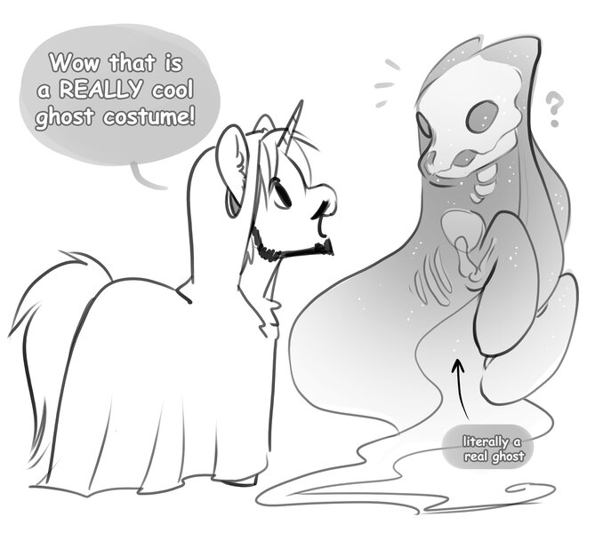 Size: 4096x3672 | Tagged: safe, artist:opalacorn, derpibooru import, oc, unofficial characters only, ghost, ghost pony, pony, undead, unicorn, beard, black and white, clothes, costume, dialogue, duo, emanata, facial hair, ghost costume, grayscale, halloween, halloween costume, holiday, horn, image, jpeg, male, monochrome, moustache, question mark, speech bubble, stallion