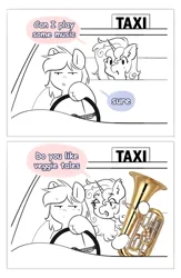 Size: 2676x4096 | Tagged: safe, artist:opalacorn, derpibooru import, oc, unofficial characters only, earth pony, pony, unicorn, 2 panel comic, comic, dialogue, driving, duo, female, hoof hold, horn, image, jpeg, lidded eyes, mare, musical instrument, partial color, simple background, speech bubble, taxi, tuba, white background