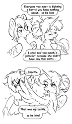 Size: 2377x4096 | Tagged: safe, artist:opalacorn, derpibooru import, oc, oc:asteria, oc:blue skies, unofficial characters only, pegasus, pony, unicorn, 2 panel comic, artificial wings, augmented, black and white, bust, chest fluff, comic, dialogue, duo, duo male and female, eyes closed, female, floppy ears, grayscale, high res, horn, image, jpeg, magic, magic wings, male, mare, monochrome, oc x oc, open mouth, shipping, simple background, speech bubble, stallion, straight, white background, wings