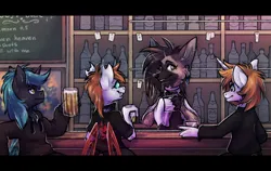 Size: 4092x2589 | Tagged: safe, artist:lonerdemiurge_nail, derpibooru import, oc, unofficial characters only, anthro, changeling, pony, unicorn, aardwolf, alcohol, bar, bartender, beer, furry, furry oc, glass, horn, image, png