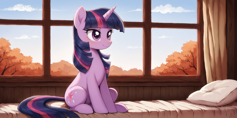 Size: 2400x1200 | Tagged: safe, ai content, derpibooru import, machine learning generated, prompter:greesys, twilight sparkle, pony, unicorn, autumn, horn, image, png, solo, unicorn twilight