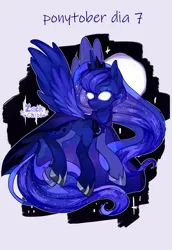 Size: 1984x2880 | Tagged: safe, artist:zackchibi, derpibooru import, part of a set, princess luna, alicorn, pony, g4, female, full moon, glow, glowing eyes, high res, image, mare, moon, png, ponytober, ponytober 2024, solo