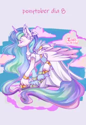 Size: 1984x2880 | Tagged: safe, artist:zackchibi, derpibooru import, princess celestia, alicorn, pony, g4, clothes, eyes closed, female, high res, image, laurel wreath, leonine tail, mare, png, ponytober, ponytober 2024, solo, tail, toga, unshorn fetlocks, wing ears, winged hooves, wings