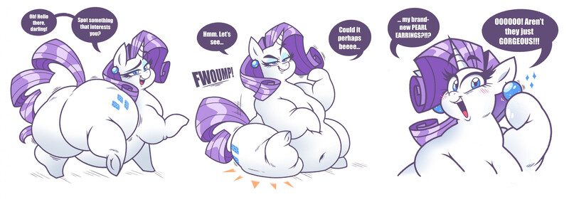 Size: 3221x1144 | Tagged: suggestive, artist:redphucksaround, derpibooru import, rarity, pony, unicorn, g4, belly, belly button, belly on floor, big belly, bingo wings, blue eyes, blushing, butt, chubby cheeks, ear piercing, earring, emanata, eyelashes, eyeshadow, fat, female, hoof on belly, hooves, horn, huge belly, huge butt, image, jewelry, jpeg, large butt, lidded eyes, looking at you, looking back, makeup, obese, onomatopoeia, open mouth, open smile, overweight, pear shaped, piercing, raised hoof, raised tail, raritubby, rearity, rolls of fat, shiny mane, simple background, sitting, smiling, solo, solo female, sparkles, speech bubble, tail, talking to viewer, text, thighs, thunder thighs, white background, wide hips