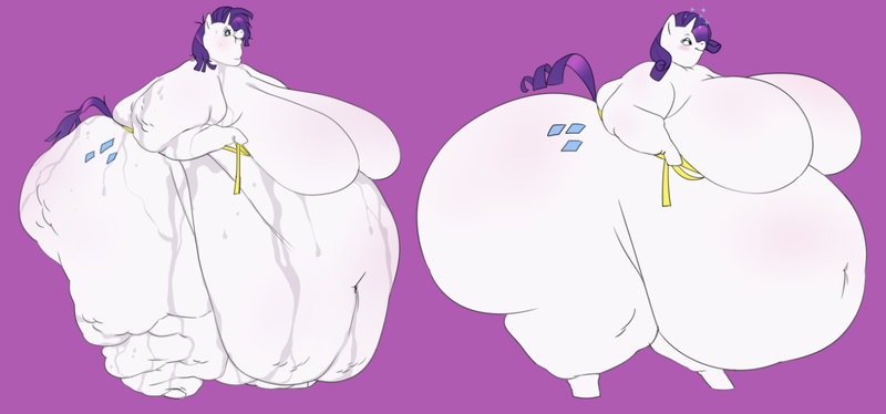 Size: 1280x598 | Tagged: questionable, artist:fathips, derpibooru import, rarity, pony, semi-anthro, unicorn, belly, belly button, big belly, big breasts, bingo wings, bipedal, blushing, breast blush, breasts, butt, butt blush, double chin, excessive sweat, fat, featureless breasts, female, frizzy hair, horn, huge belly, huge breasts, huge butt, image, impossibly large belly, impossibly large breasts, impossibly large butt, knee blush, large butt, looking at something, magic, magic aura, measuring tape, morbidly obese, obese, png, profile, purple background, raised tail, raritubby, rearity, round belly, sagging breasts, saggy, side view, simple background, smiling, solo, solo female, standing, sweat, tail, thighs, thunder thighs, wrinkles