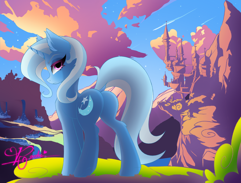 Size: 5680x4320 | Tagged: suggestive, artist:roushe, derpibooru import, trixie, unicorn, g4, ass, butt, canterlot, canterlot castle, cutie mark, detailed background, equestria, female, full body, horn, image, looking at you, looking back, outdoors, png, purple eyes, rear view, sexy, solo, solo female, tail