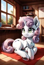 Size: 800x1169 | Tagged: safe, ai content, derpibooru import, machine learning generated, prompter:gregorymars, stable diffusion, sweetie belle, pony, robot, robot pony, unicorn, g4, blank flank, female, filly, foal, generator:pony diffusion v6 xl, gynoid, horn, image, indoors, jpeg, looking at you, lying, lying down, roboticization, smiling, smiling at you, solo, sweetie bot