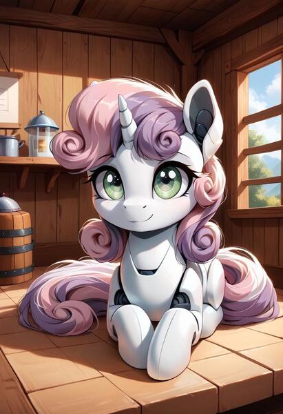 Size: 800x1169 | Tagged: safe, ai content, derpibooru import, machine learning generated, prompter:gregorymars, stable diffusion, sweetie belle, pony, robot, robot pony, unicorn, g4, blank flank, female, filly, foal, generator:pony diffusion v6 xl, gynoid, horn, image, indoors, jpeg, looking at you, lying, lying down, roboticization, smiling, smiling at you, solo, sweetie bot