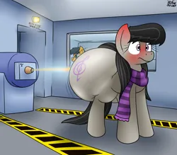 Size: 2109x1851 | Tagged: safe, artist:the-furry-railfan, derpibooru import, octavia melody, oc, oc:twintails, earth pony, pegasus, beam, blushing, blushing profusely, butt, clothes, cyclotron, duo, ear blush, huge butt, image, indoors, inflation, large butt, pipe, png, scarf, surprised