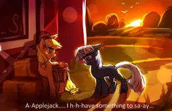 Size: 2000x1294 | Tagged: safe, artist:aquagalaxy, derpibooru import, applejack, oc, oc:silverlay, earth pony, original species, pony, g4, applejack's hat, blushing, canon x oc, cowboy hat, duo, duo female, female, hat, image, lesbian, mare, png, shipping, silverjack, umbra pony