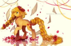 Size: 3400x2200 | Tagged: safe, artist:aquagalaxy, derpibooru import, applejack, earth pony, pony, g4, alternate hairstyle, braid, braided tail, female, floppy ears, flower, flower in hair, freckles, high res, image, mare, png, solo, tail