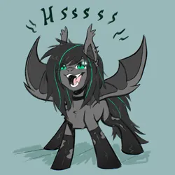 Size: 2048x2048 | Tagged: safe, artist:koffeemilk, derpibooru import, oc, oc:lumishade, unofficial characters only, bat pony, pony, choker, clothes, cute, ear fluff, ear piercing, fangs, female, hissing, image, mare, open mouth, piercing, png, ripped stockings, simple background, socks, solo, spread wings, standing, stockings, striped hair, thigh highs, torn clothes, wings