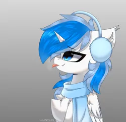 Size: 2644x2562 | Tagged: oc name needed, safe, artist:lunylin, derpibooru import, oc, unofficial characters only, alicorn, pony, alicorn oc, chest fluff, clothes, ear fluff, earmuffs, eyebrows, eyebrows visible through hair, female, folded wings, gradient background, high res, horn, image, mare, png, scarf, signature, solo, tongue out, wings