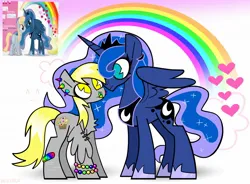 Size: 1744x1286 | Tagged: safe, artist:beetalz, derpibooru import, derpy hooves, princess luna, alicorn, pegasus, pony, g4, duo, duo female, female, image, jpeg, lesbian, mare, rainbow, ship:lunaderp, shipping