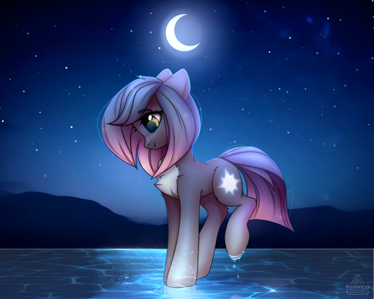 Size: 2000x1600 | Tagged: oc name needed, safe, artist:blooming_mlp, artist:radioaxi, derpibooru import, oc, unofficial characters only, earth pony, pony, chest fluff, crescent moon, earth pony oc, female, image, mare, moon, night, night sky, outdoors, pale belly, png, sky, stars