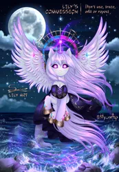 Size: 1430x2066 | Tagged: safe, artist:liliart1211, derpibooru import, oc, alicorn, pony, clothes, commission, commission open, digital art, digital painting, dress, flying, goddess, illustration, image, jpeg, magic, night, ocean, princess, smiling, stars, water