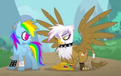 Size: 752x476 | Tagged: safe, artist:beetalz, derpibooru import, gilda, rainbow dash, gryphon, pegasus, pony, g4, bracelet, collar, duo, duo female, emo, female, image, jpeg, lowres, punk, smiling, spiked collar, spiked wristband, spread wings, wings, wristband