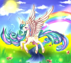 Size: 2500x2200 | Tagged: safe, artist:aquagalaxy, derpibooru import, princess celestia, alicorn, pony, g4, cloud, crown, female, grass, high res, hoof shoes, horn, image, jewelry, large wings, mare, outdoors, peytral, png, princess shoes, rainbow, regalia, sky, solo, spread wings, sun, wings