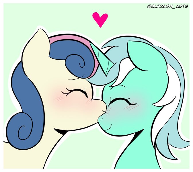 Size: 2048x1827 | Tagged: safe, artist:eltrash_art6, derpibooru import, bon bon, lyra heartstrings, sweetie drops, earth pony, pony, unicorn, adorabon, blushing, cute, duo, duo female, eyes closed, female, green background, heart, horn, image, international lesbian day, jpeg, kissing, lesbian, lyrabetes, lyrabon, mare, shipping, simple background