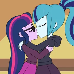 Size: 1800x1800 | Tagged: safe, artist:lirdraw, derpibooru import, sci-twi, sonata dusk, twilight sparkle, equestria girls, g4, female, glasses, holding, image, kissing, lesbian, png, ship:sci-twinata, ship:twinata, shipping