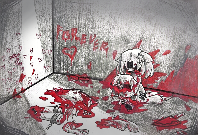 Size: 3000x2044 | Tagged: grimdark, artist:肝到驾崩, derpibooru import, oc, oc:misty violence, oc:zz online, amputation, blood, dark room, decapitated, heart, image, knife, love, png, severed head, severed leg, severed limb, traditional art