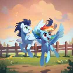 Size: 4096x4096 | Tagged: safe, ai content, derpibooru import, machine learning generated, prompter:*rainbow dash*, stable diffusion, rainbow dash, soarin', duo, duo male and female, female, fence, flying, generator:purplesmart.ai, image, male, outdoors, playing, png, shipping, soarindash, straight