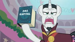 Size: 637x358 | Tagged: safe, derpibooru import, edit, edited screencap, screencap, chancellor neighsay, pony, unicorn, g4, school raze, book, das kapital, horn, image, png, solo, this will end in communism