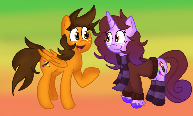 Size: 1462x877 | Tagged: safe, artist:cloud22, derpibooru import, oc, pegasus, pony, unicorn, clothes, female, freckles, gradient background, horn, image, mare, nonbinary, pegasus oc, png, scarf, socks, unicorn oc, wings