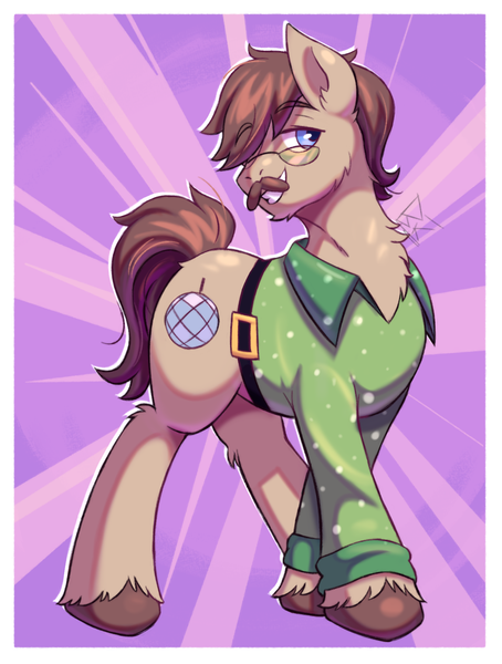 Size: 1709x2261 | Tagged: safe, artist:bkiltersot, derpibooru import, dance fever, earth pony, pony, g4, belt, glasses, green shirt, image, looking at you, male, passepartout, png, purple background, scene interpretation, simple background, solo, stallion, unshorn fetlocks