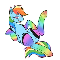 Size: 1000x1000 | Tagged: suggestive, artist:twoshoesmcgee, derpibooru import, rainbow dash, pegasus, clothes, female, image, looking at you, png, relaxed, simple background, socks, solo, thigh highs