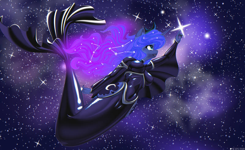 Size: 4250x2600 | Tagged: questionable, artist:up1ter, derpibooru import, princess luna, anthro, absurd resolution, big breasts, breasts, cameltoe, clothes, commission, constellation hair, ethereal mane, female, fish tail, image, latex, latex suit, mermaid suit, mermaid tail, night, night sky, png, skintight clothes, sky, solo, solo female, starry eyes, starry mane, tail, wingding eyes, wingless, wingless anthro