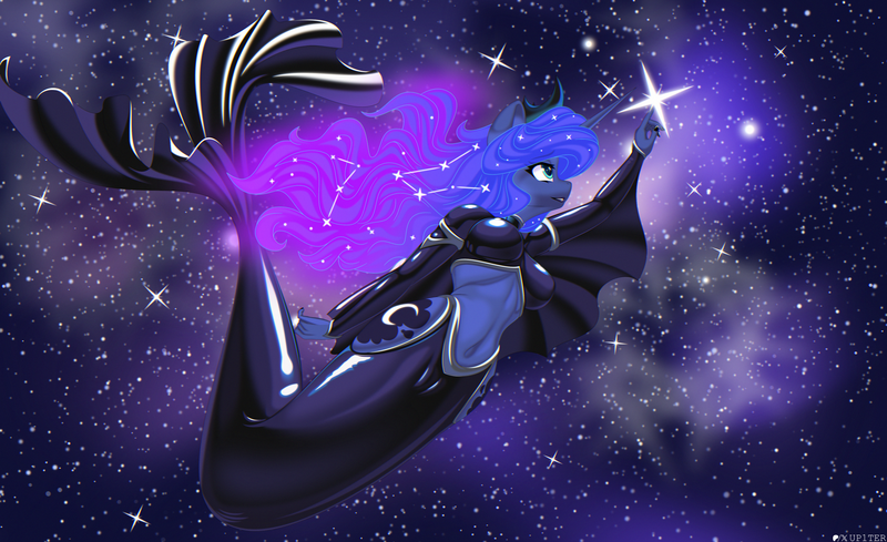 Size: 4250x2600 | Tagged: questionable, alternate version, artist:up1ter, derpibooru import, princess luna, anthro, absurd resolution, belly, belly button, big breasts, breasts, cameltoe, clothes, commission, constellation hair, ethereal mane, female, fish tail, image, latex, latex suit, mermaid suit, mermaid tail, night, night sky, png, skintight clothes, sky, solo, solo female, starry eyes, starry mane, tail, wingding eyes, wingless, wingless anthro